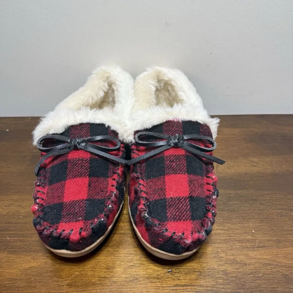 J Crew Red & Black  Buffalo Plaid Faux-Shearling Moccasin Slippers Size 9 NWOT